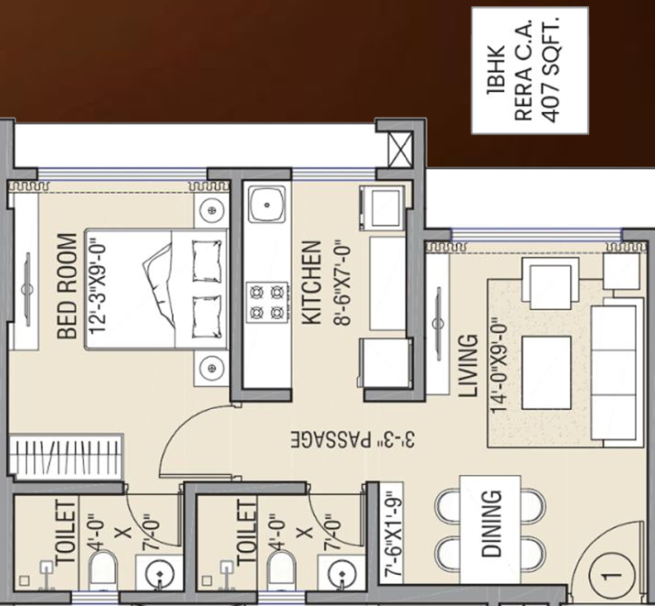 1 BHK - 407 Sq Ft