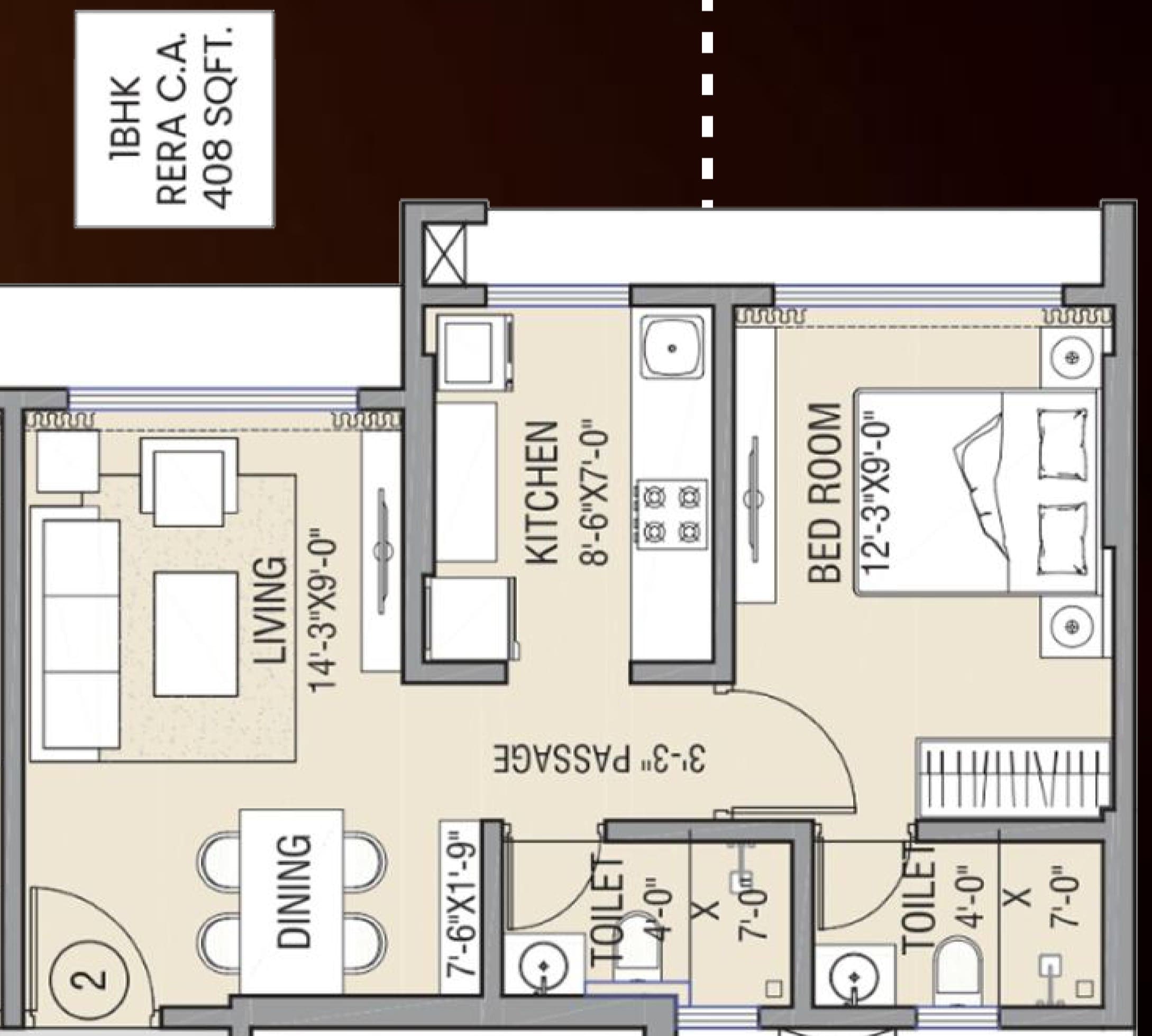 1 BHK - 408 Sq Ft