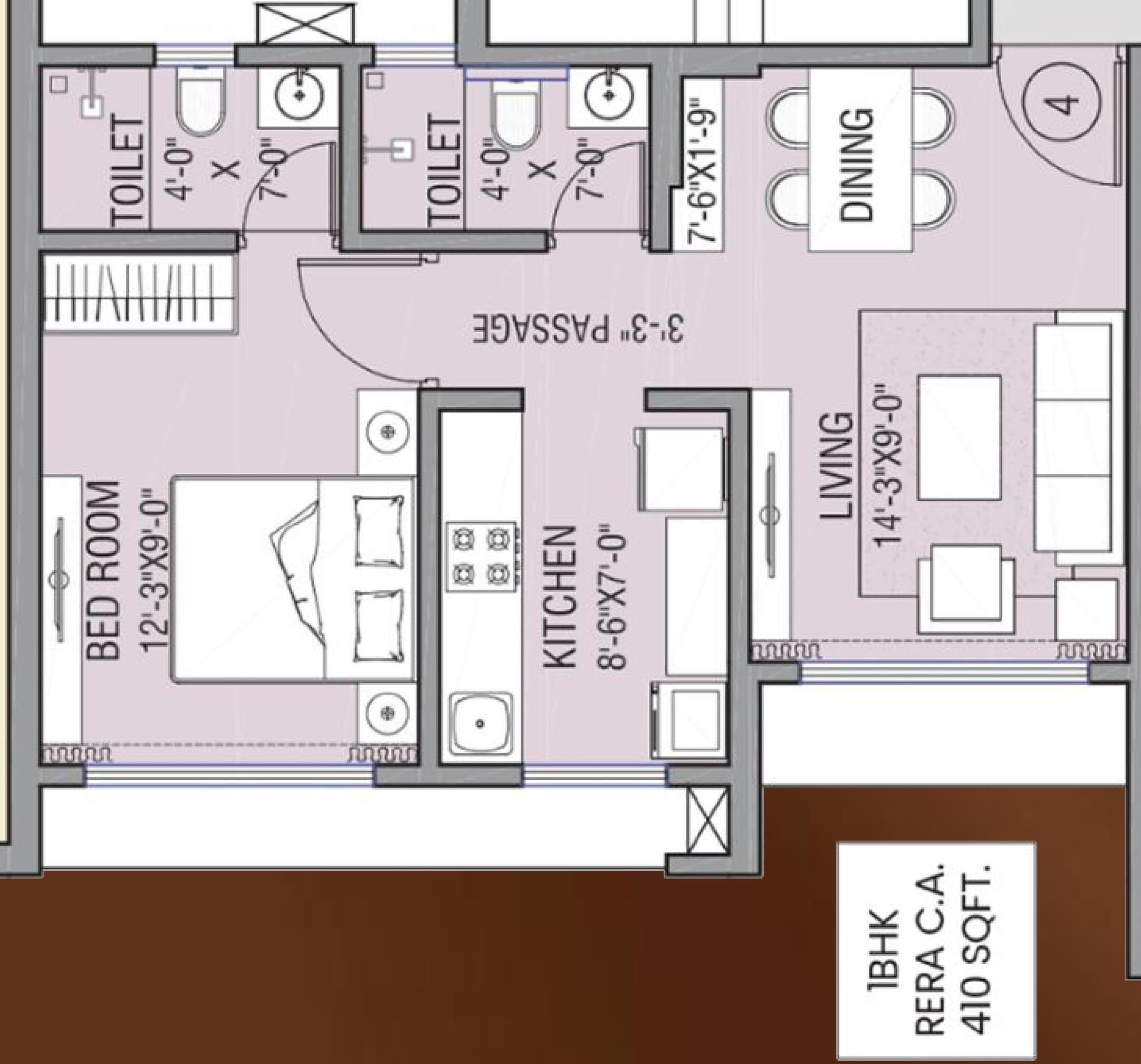 1 BHK - 410 Sq Ft