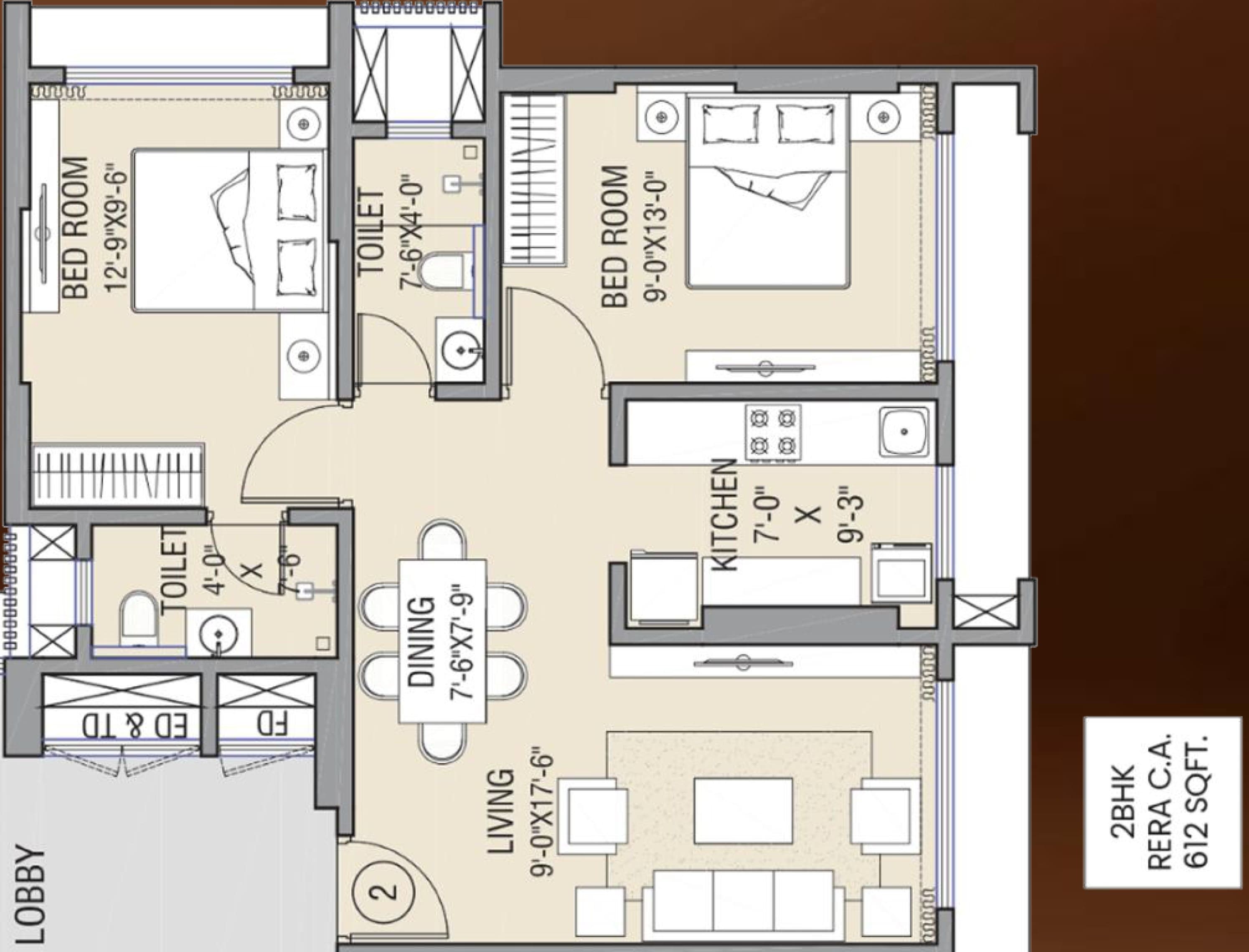 2 BHK - 612 Sq Ft