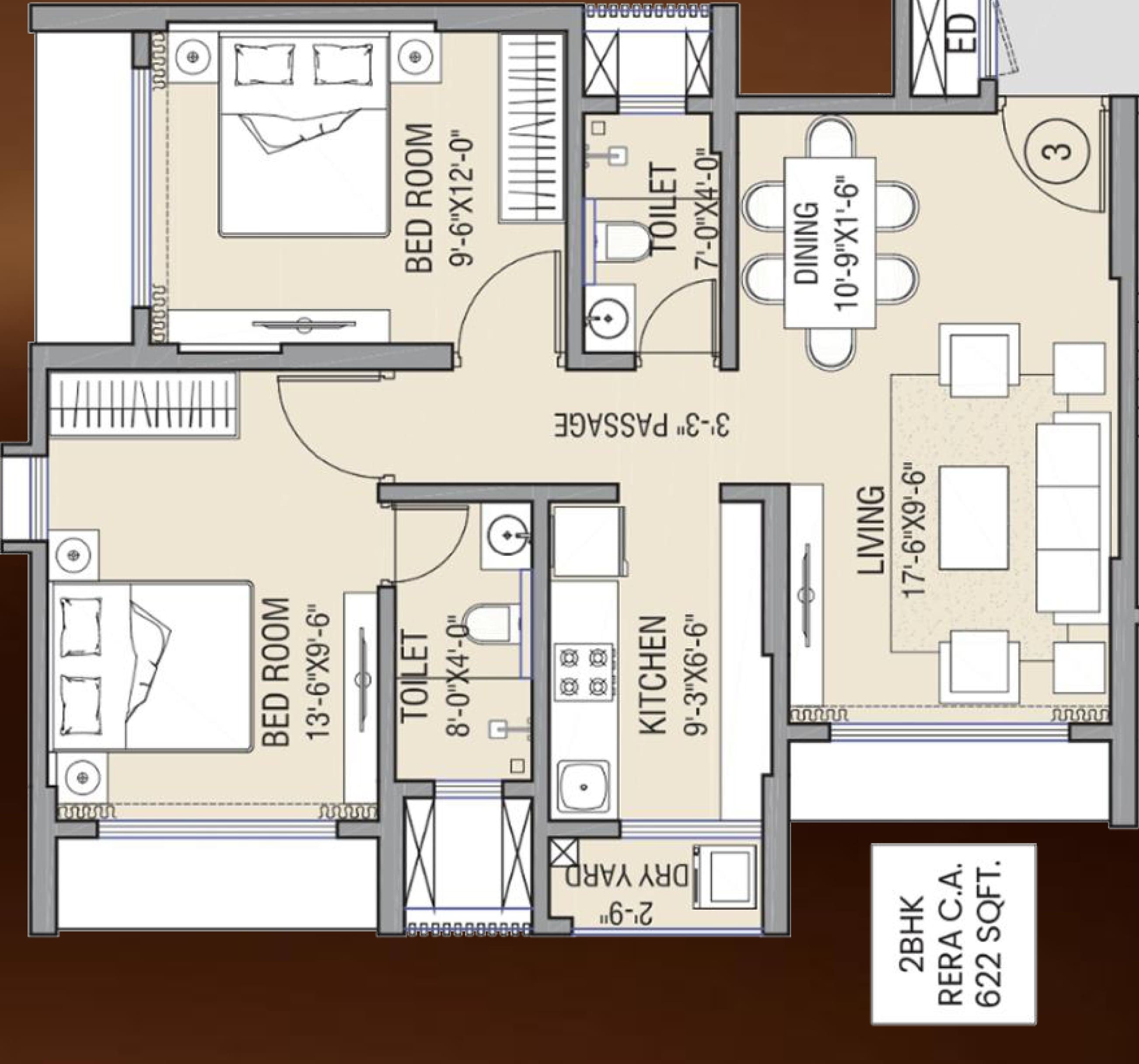 2 BHK - 622 Sq Ft